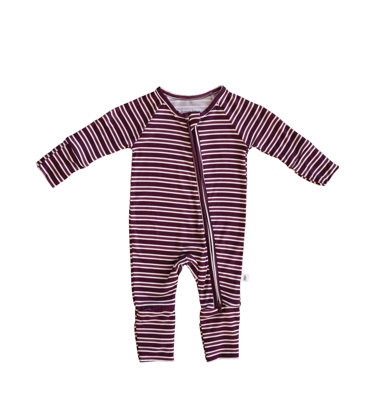 Introducing the forever french baby Bamboo Zip Pajamas in Maroon Stripe: a cozy long-sleeve onesie with maroon and white horizontal stripes, designed with a diagonal zipper that extends from the neck to the left leg. Crafted from breathable bamboo fabric for ultimate comfort, these premium baby pajamas are displayed against a crisp white background.