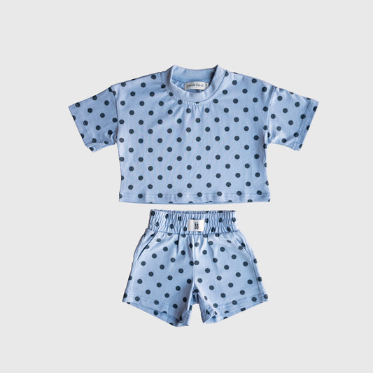 Child Short Set | Sully by forever french baby, featuring blue cotton fabric with short sleeves and black polka dots, displayed on a plain white background. Ideal for coordinated family matching outfits.