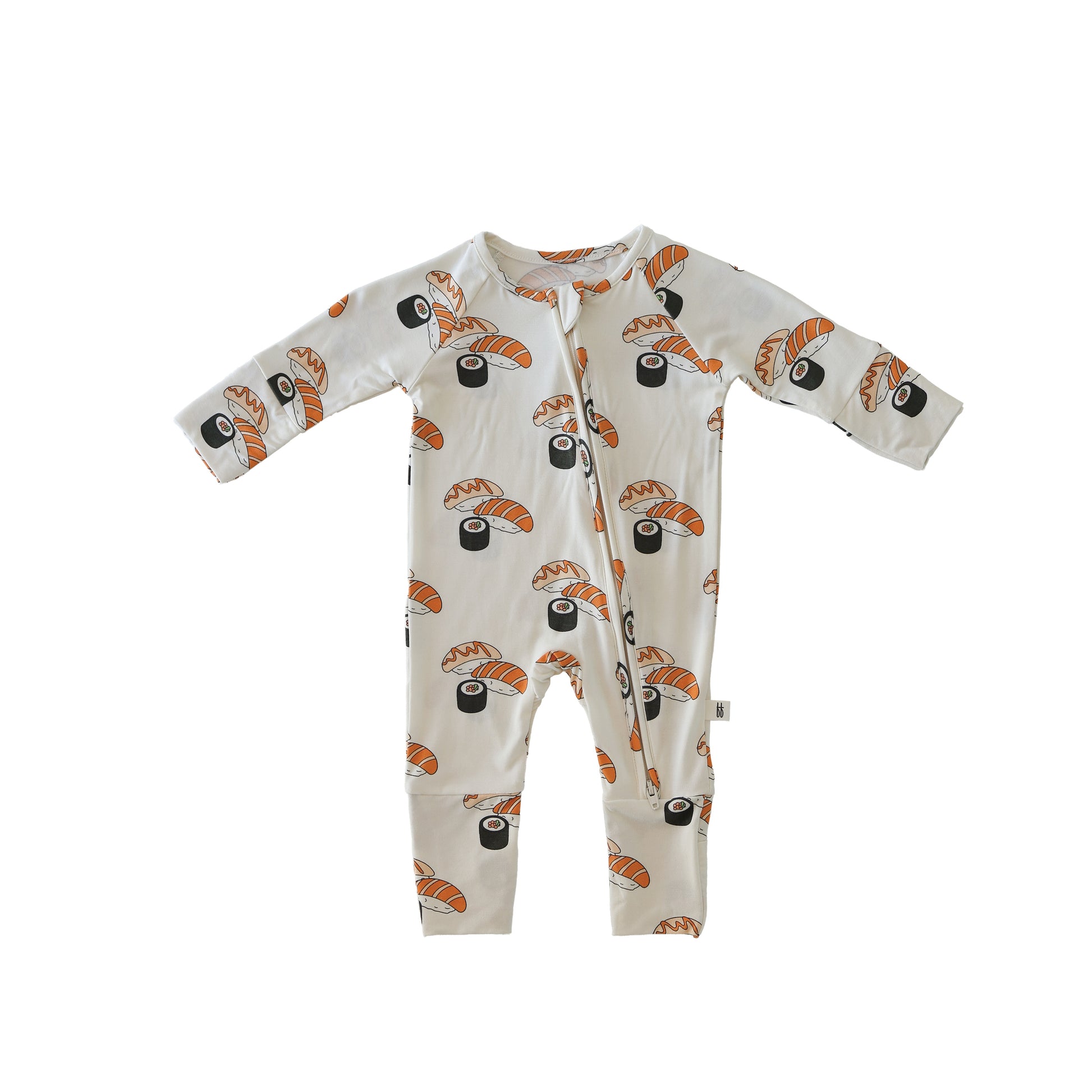 The forever french baby Bamboo Zip Pajamas | Sushi is a white, long-sleeve and leg onesie with an orange and black sushi print. Made from hypoallergenic fabric, it features a diagonal zipper from neck to left leg.