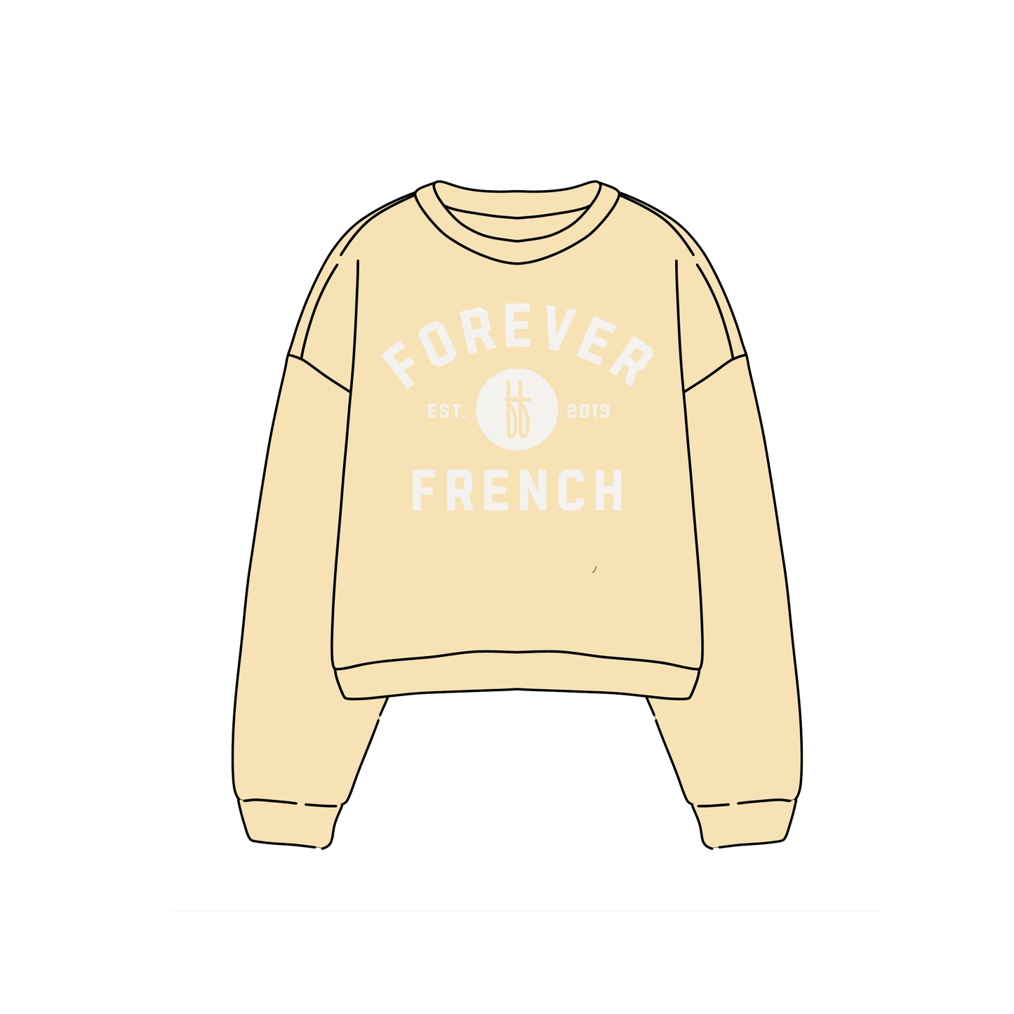 The forever french baby Child Sweatshirt | ff Yellow is a long-sleeved, 100% cotton kids’ top featuring "FOREVER FRENCH," "EST. 2019," and a circular logo—ideal for matching family looks.