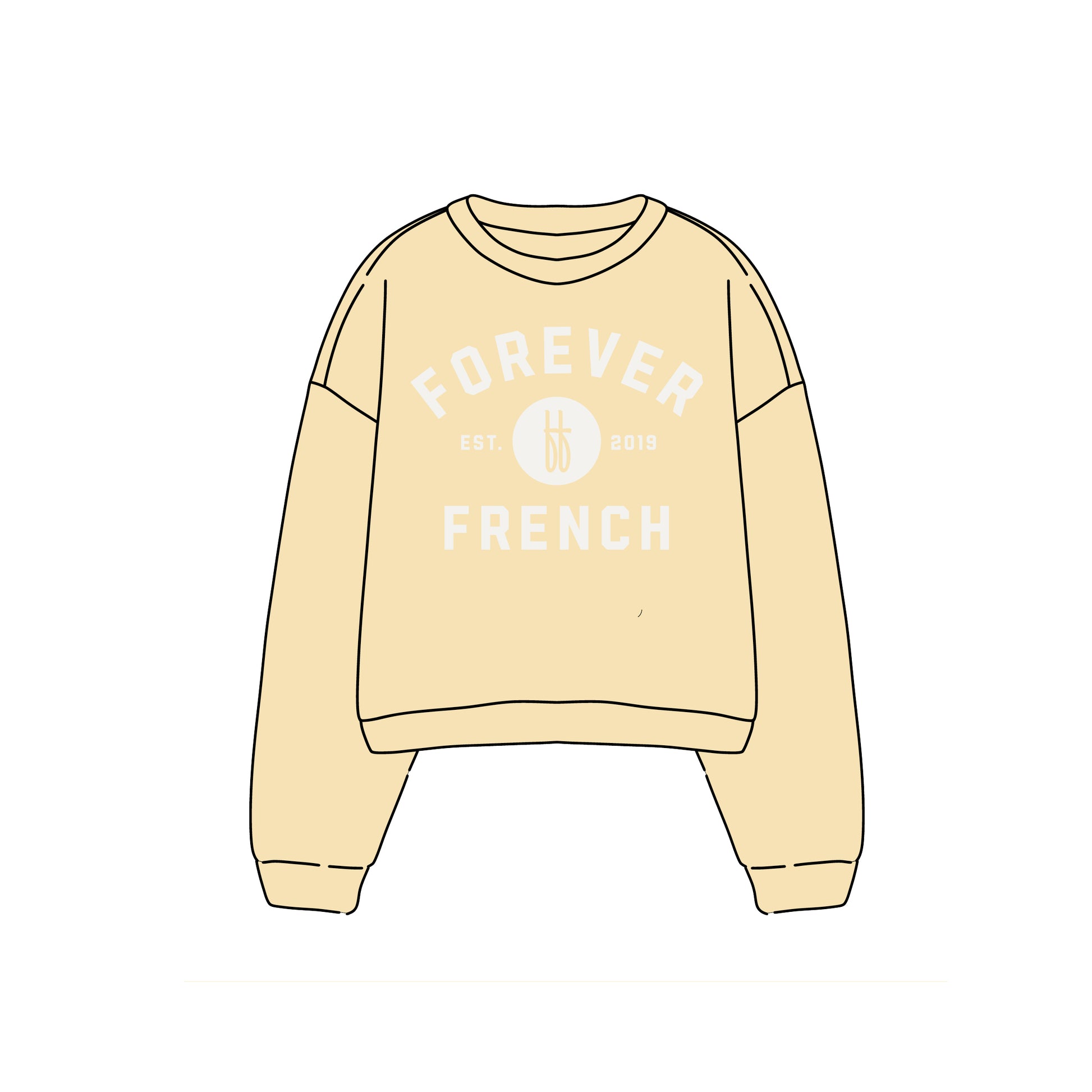 The forever french baby Child Sweatshirt | ff Yellow is a long-sleeved, 100% cotton kids’ top featuring "FOREVER FRENCH," "EST. 2019," and a circular logo—ideal for matching family looks.