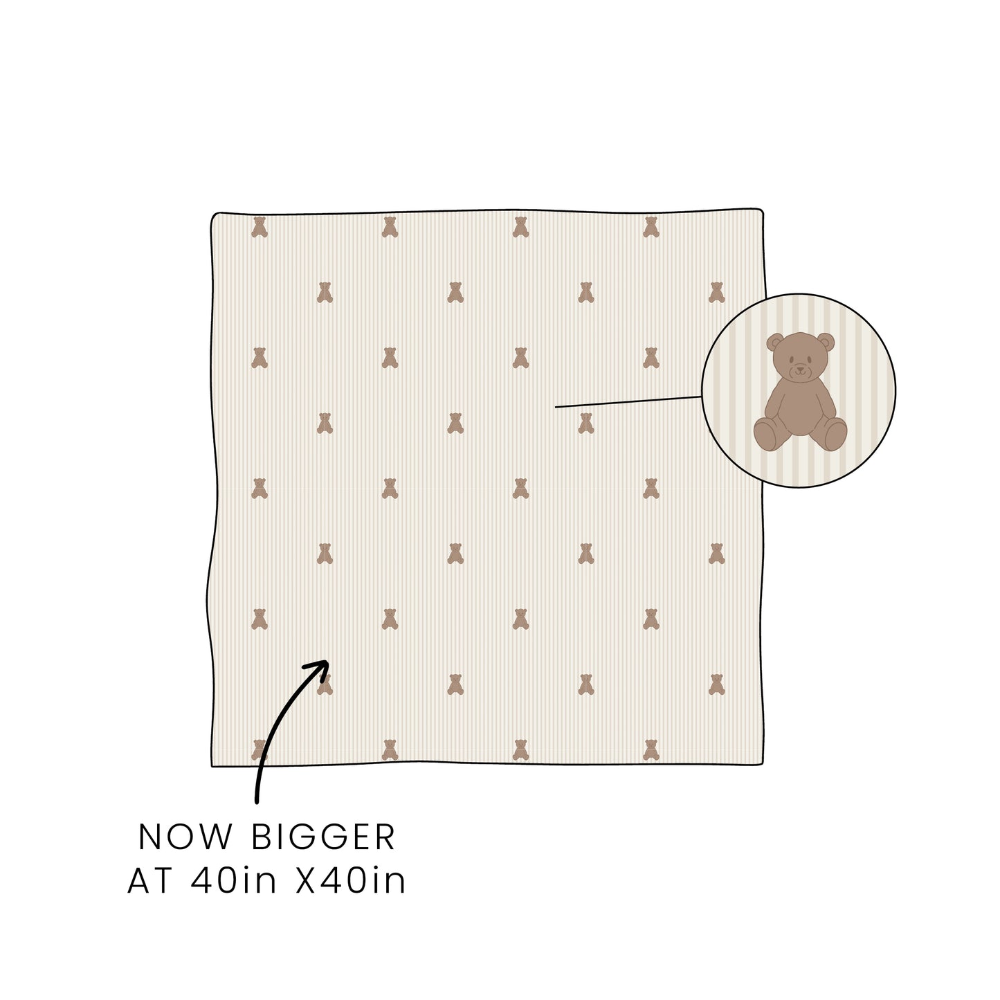 The forever french baby Bamboo Swaddle | Teddy now comes in a larger 40in x 40in size. An inset circle spotlights the teddy bear pattern, with an arrow pointing to the swaddle and text reading "NOW BIGGER AT 40in X 40in.