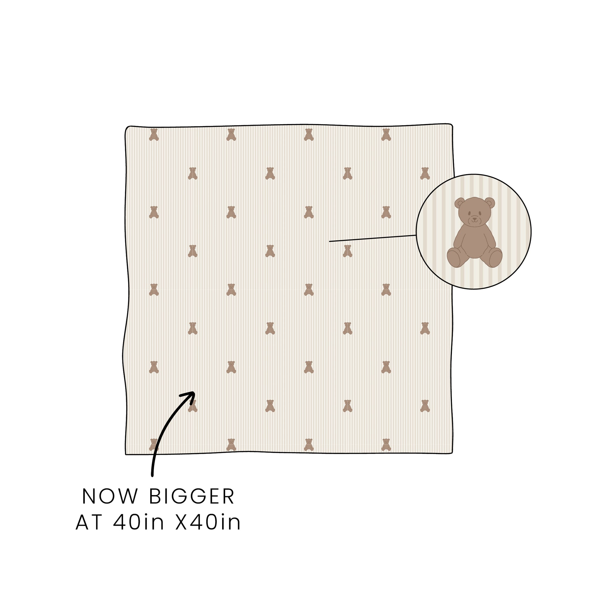 The forever french baby Bamboo Swaddle | Teddy now comes in a larger 40in x 40in size. An inset circle spotlights the teddy bear pattern, with an arrow pointing to the swaddle and text reading "NOW BIGGER AT 40in X 40in.