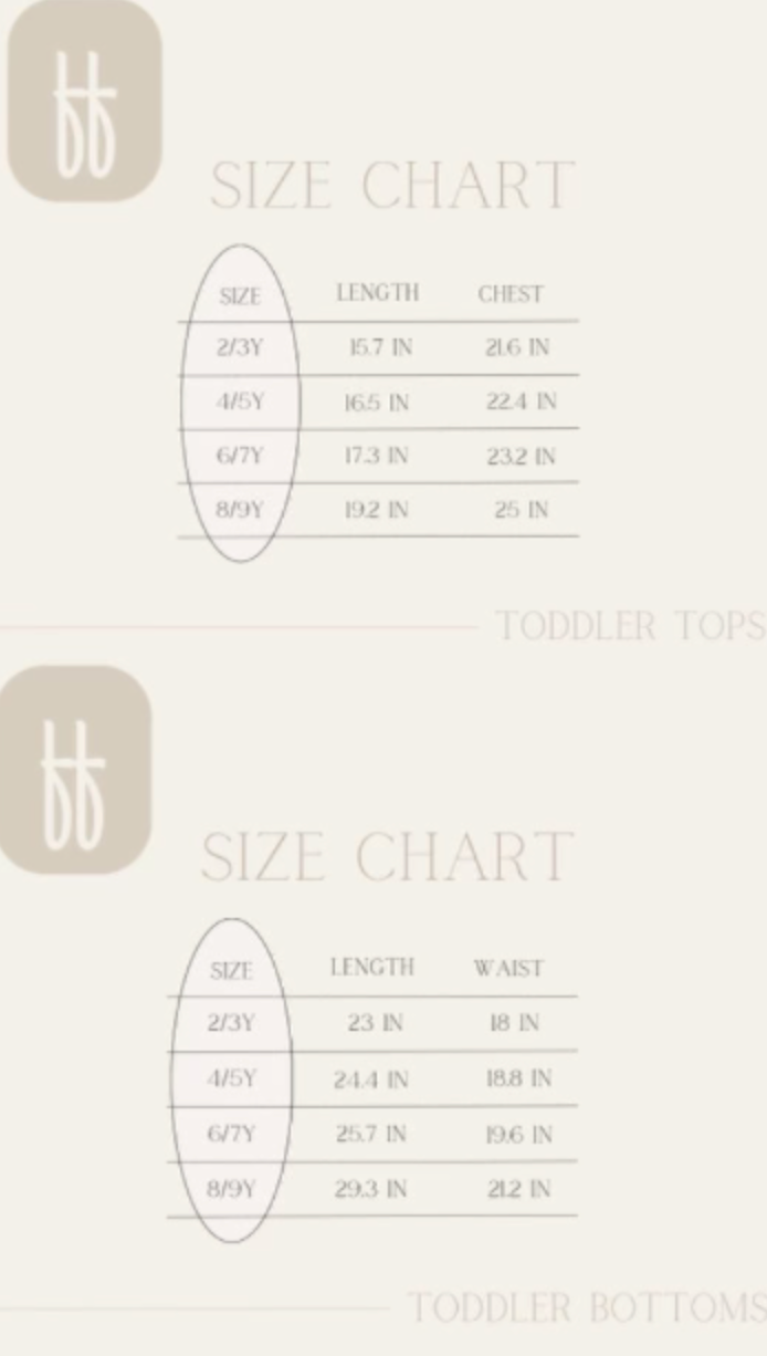 Explore two comprehensive size charts for our Bamboo Two Piece Pajamas from the Minty x FF Wild West Desert Dreams collection. The top chart offers details on sizes 2/3Y to 8/9Y, including measurements for length and chest of tops. The bottom chart presents waist and length measurements for bottoms. Both charts are set against a beige background, featuring a minimalist logo design.