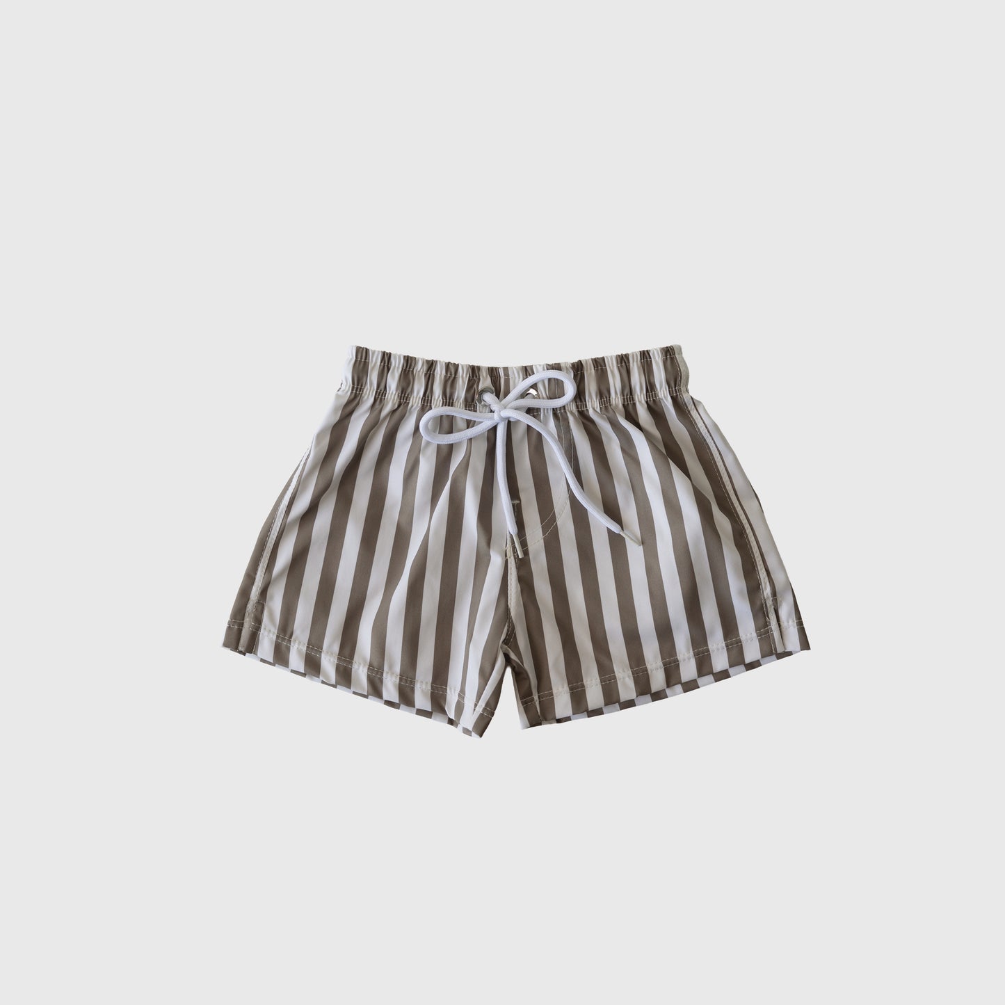 The forever french baby Child Board Short in Olive Stripe features vertical stripes, an elastic waistband, and a white drawstring, shown against a plain light background.