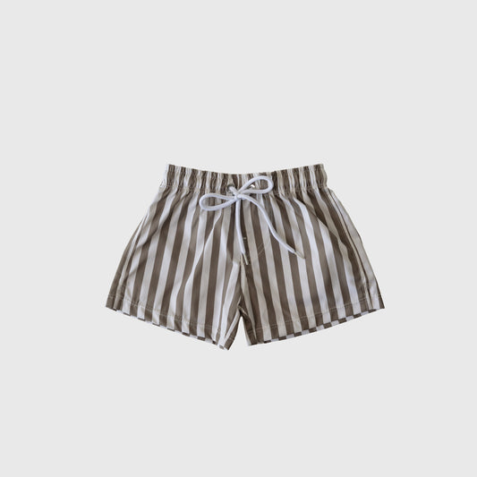 The forever french baby Child Board Short in Olive Stripe features vertical stripes, an elastic waistband, and a white drawstring, shown against a plain light background.