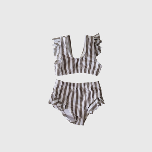 A forever french baby Girl's Two Piece Swimsuit in Olive Stripe, featuring ruffled sleeves on the top and ruffled sides on high-waisted bottoms, shown against a plain white background.