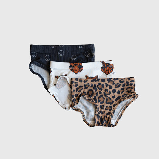 The forever french baby Girl's Bamboo Briefs (3 Pack) includes hypo-allergenic girls’ briefs in leopard print, tiger face, and black with smiley designs.