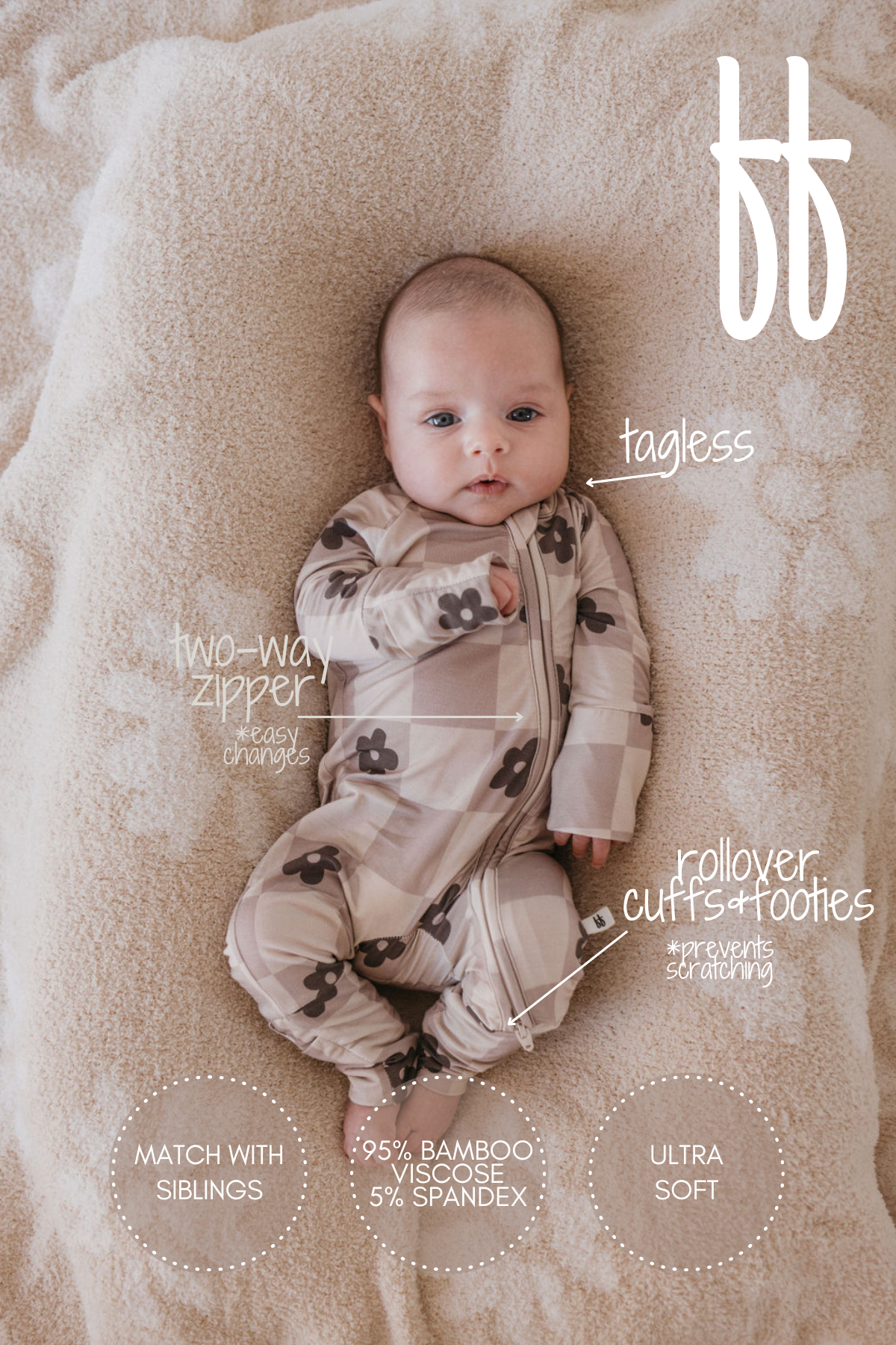 A baby lies comfortably on a soft surface, dressed in breathable Bamboo Zip Pajamas | Flower Child from forever french baby. Highlighted features include "tagless," a "two-way zipper," "rollover cuffs + footies," and an "ultra soft" texture. Made from 95% bamboo viscose and 5% spandex, this onesie offers hypo-allergenic comfort and is perfect for matching with siblings.