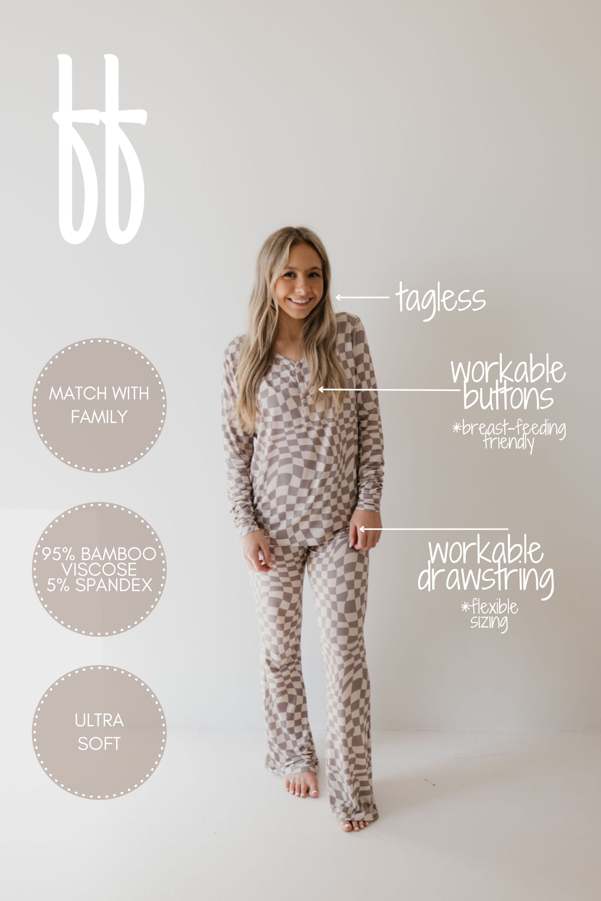 A woman wearing forever french baby's Women's Bamboo Pajamas in Smokey Wave stands against a plain background. These pajamas boast a tagless design, hypo-allergenic properties, functional buttons for easy breastfeeding access, an adjustable drawstring for flexible sizing, and are crafted from a fabric blend of 95% bamboo and 5% spandex. Text on the left highlights these features.