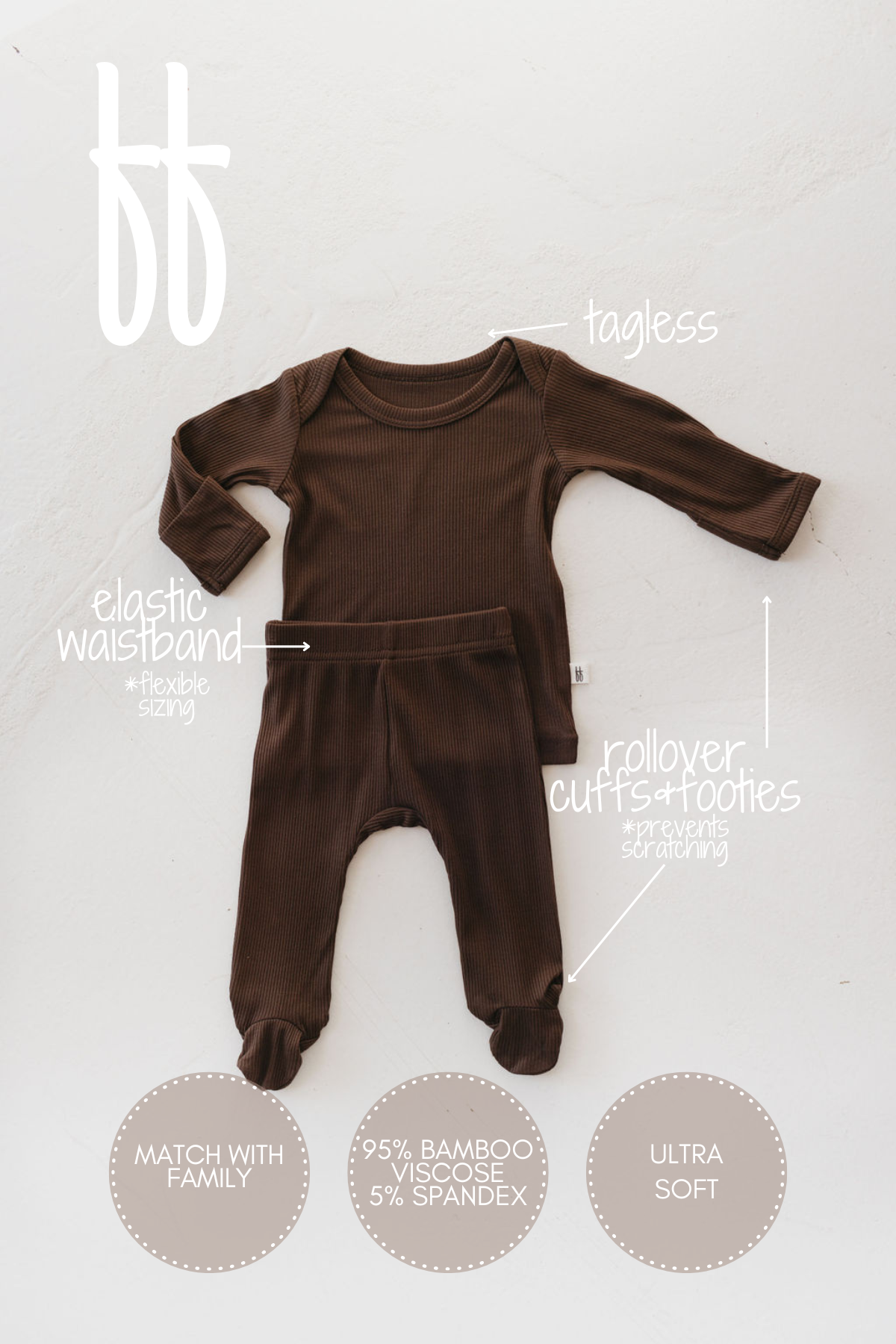 The Sleepy Time Set in Coffee Bean from forever french baby is a brown baby outfit that includes a long-sleeve shirt and pants. This hypo-allergenic set boasts a tagless design, elastic waistband, and rollover cuffs. Crafted from 95% bamboo viscose and 5% spandex, it is ultra-soft, breathable, and ideal for matching with family outfits.