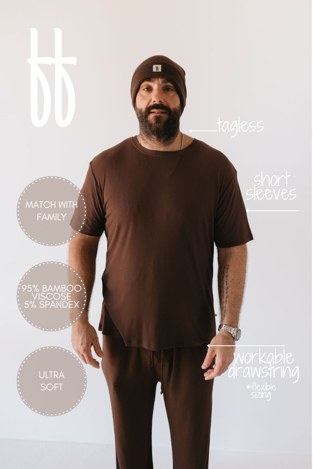 A person wearing Men's Bamboo Short Sleeve Pajamas in the Coffee Bean color from forever french baby. The image highlights the clothing's features: tagless design, short sleeves, ultra-soft and hypo-allergenic bamboo fabric comprised of 95% bamboo viscose and 5% spandex, along with a functional drawstring and flexible sizing.