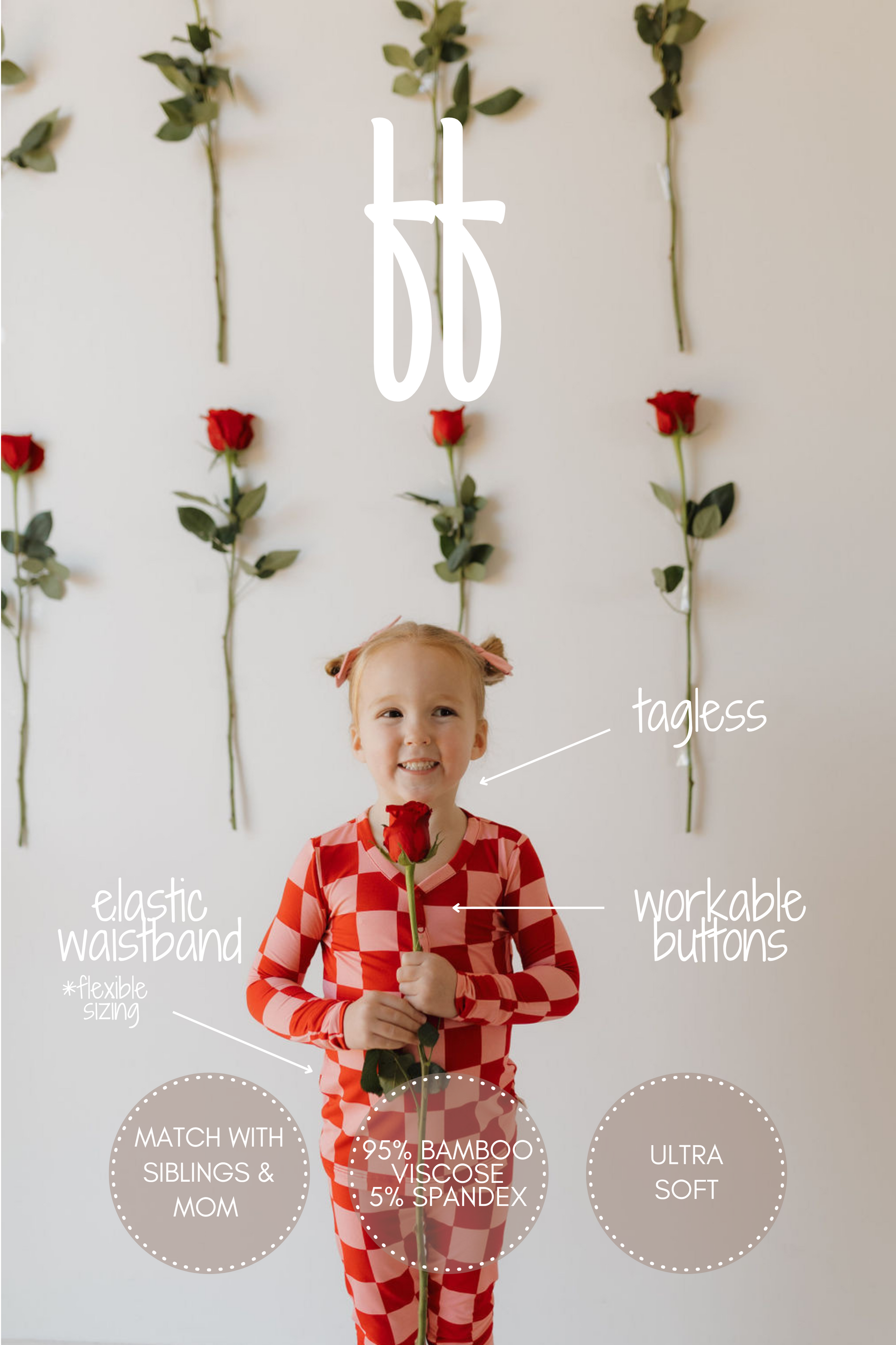 A child in red and white checkered Bamboo Two Piece Pajamas by forever french baby holds a rose, framed by wall roses. The hypo-allergenic set features ultra-soft, breathable fabric, elastic waistband, workable buttons, and offers matching options.