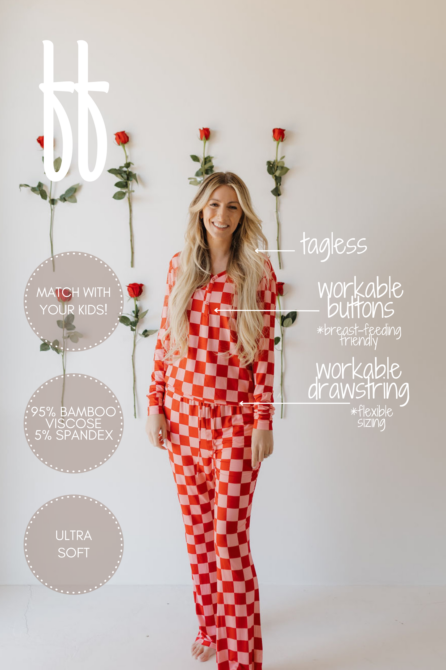 A person in red and white checkered pajamas smiles in front of a white wall with roses. The tagless, ultra-soft bamboo-viscose fabric pajama by forever french baby offers breathable comfort, workable buttons, drawstring, and matching kids' options. Product: Women's Bamboo Pajamas | XOXO.