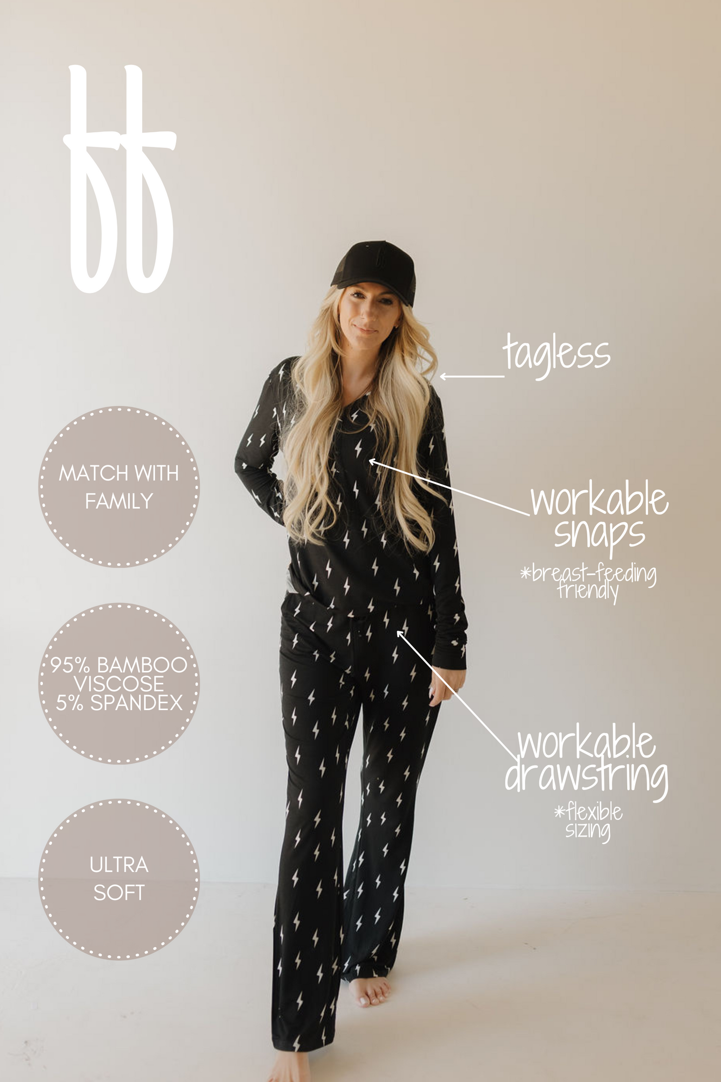 The woman is wearing forever french baby's Women's Bamboo Pajamas in Midnight Lightning Bolt, made of 95% bamboo and 5% spandex. These hypo-allergenic pajamas feature tagless design, workable snaps for breastfeeding, a drawstring for sizing flexibility, and offer family matching options.