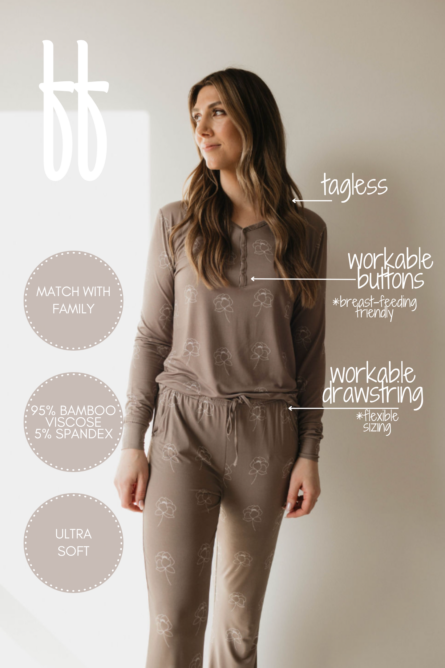 A woman wears the comfortable Women's Bamboo Pajamas | Sweet Dreams Floral by forever french baby, featuring a subtle pattern. This tagless brown loungewear set is designed with workable buttons for breastfeeding and a workable drawstring for flexible sizing. Made from 95% bamboo viscose and 5% spandex, these ultra-soft hypo-allergenic pajamas ensure sweet dreams and ultimate comfort.