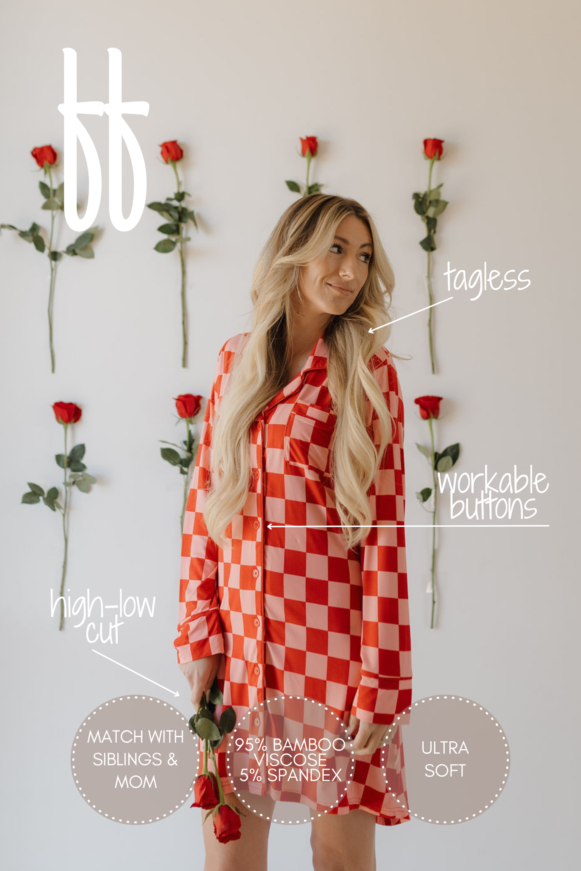 A woman poses against a rose-adorned white wall in a Women's Bamboo Sleeping Dress | XOXO by forever french baby. This red and white checkered, high-low dress is made from 95% bamboo viscose and 5% spandex, featuring workable buttons and a tagless label for comfort.