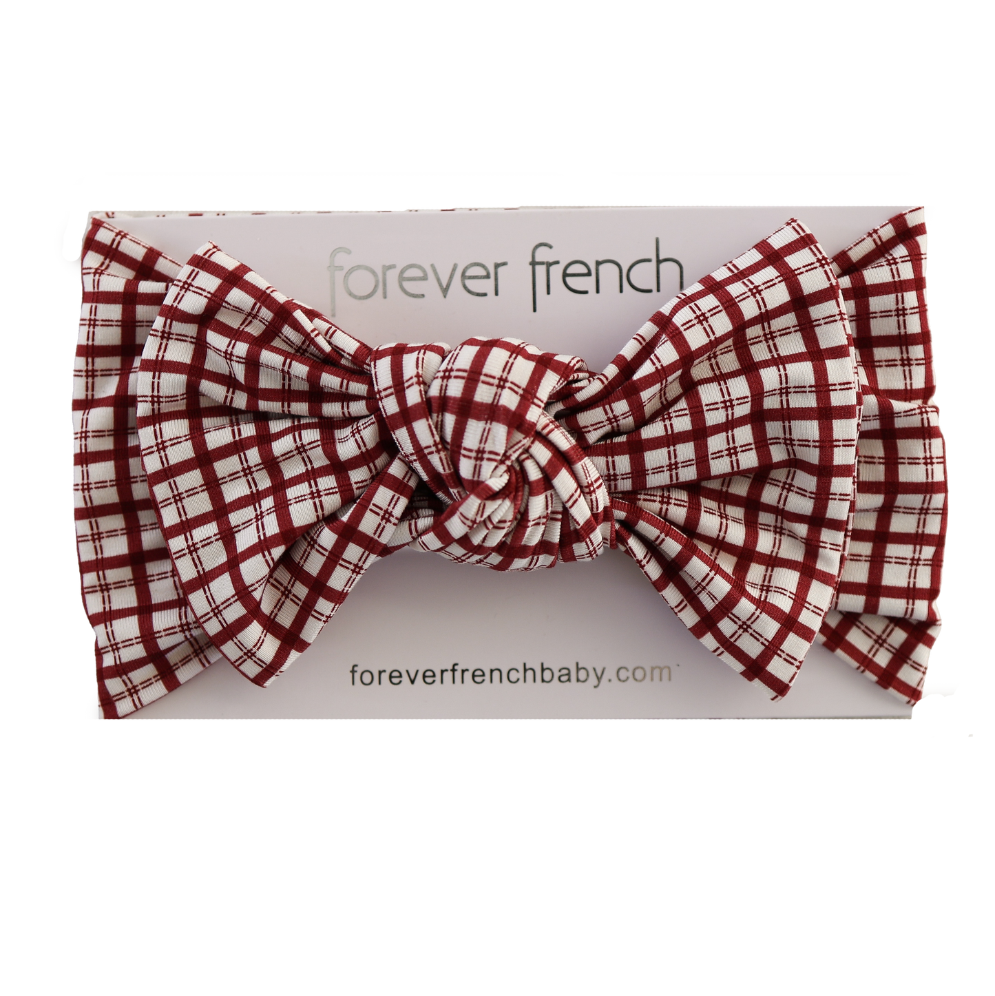The Bamboo Head Wrap | Window Pane by forever french baby is a red and white plaid headband with an adjustable, neatly tied bow, displayed on a card labeled "forever french" and "foreverfrenchbaby.com.