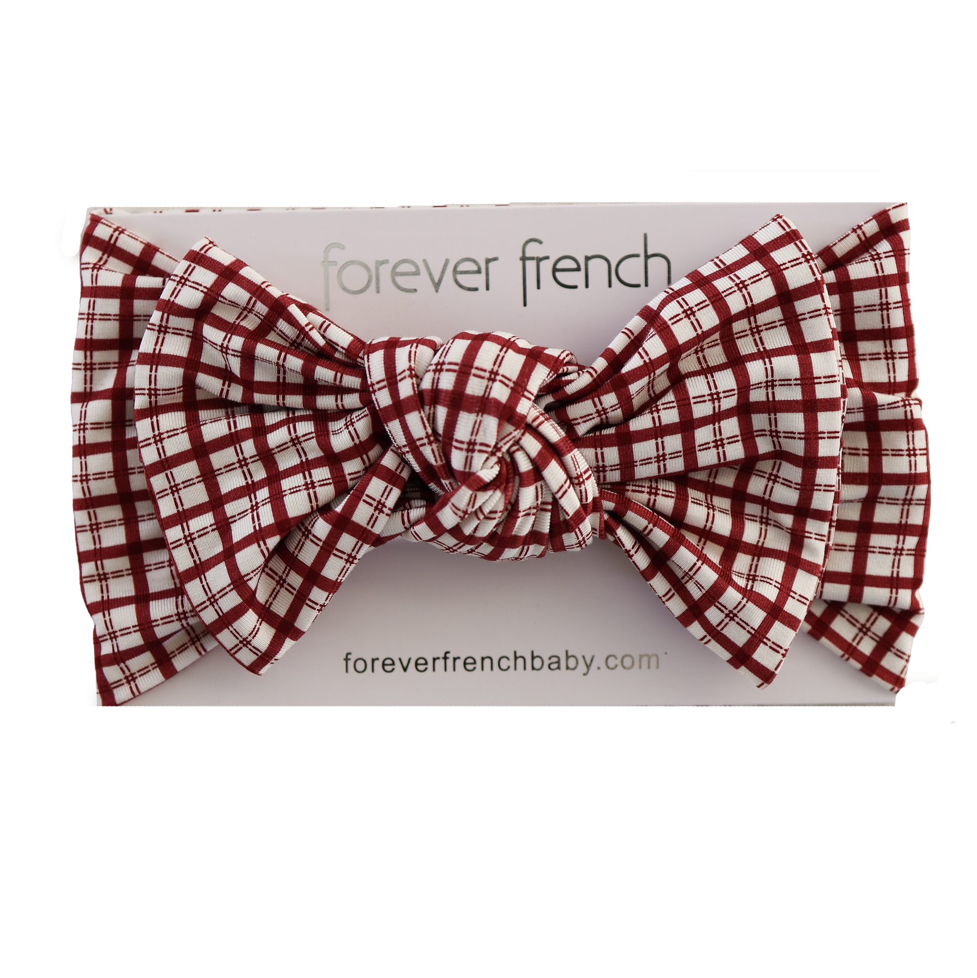 The Bamboo Head Wrap | Window Pane by forever french baby is a red and white plaid headband with an adjustable, neatly tied bow, displayed on a card labeled "forever french" and "foreverfrenchbaby.com.
