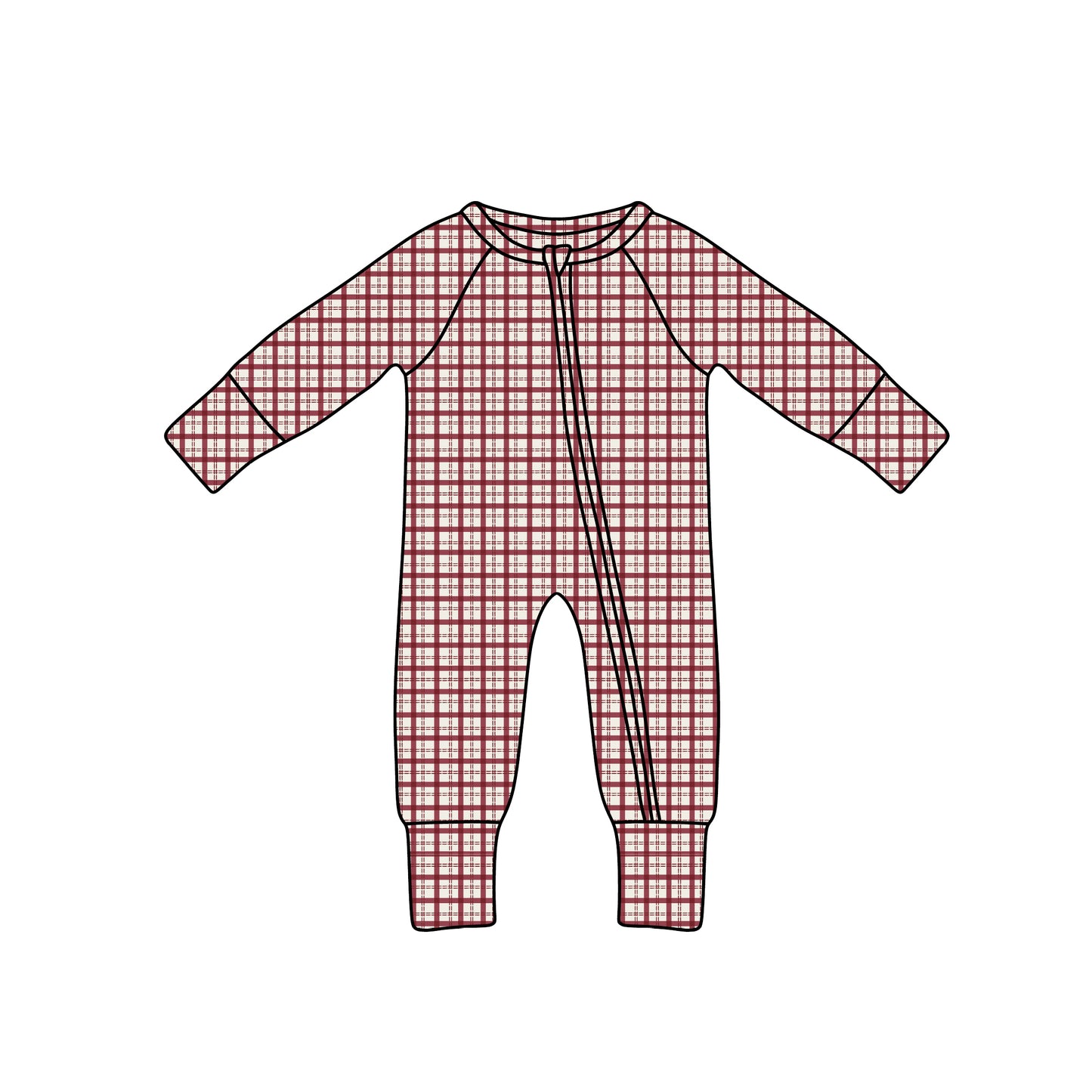 An illustration of the forever french baby Bamboo Zip Pajamas | Window Pane—a long-sleeve, full-length bamboo onesie with a red and white plaid pattern and a diagonal zipper from collar to leg.