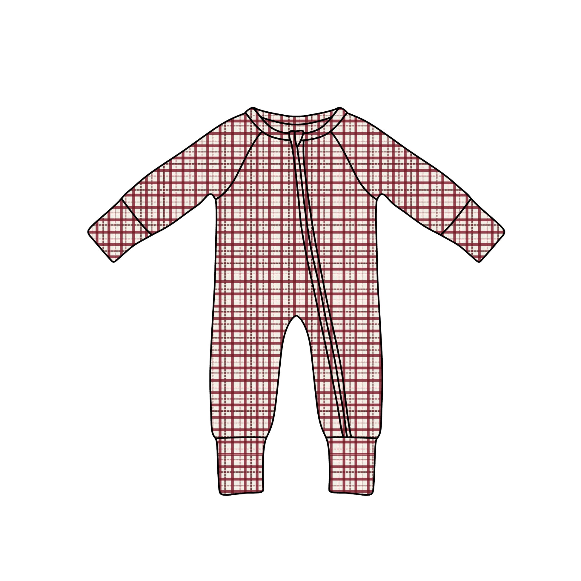An illustration of the forever french baby Bamboo Zip Pajamas | Window Pane—a long-sleeve, full-length bamboo onesie with a red and white plaid pattern and a diagonal zipper from collar to leg.
