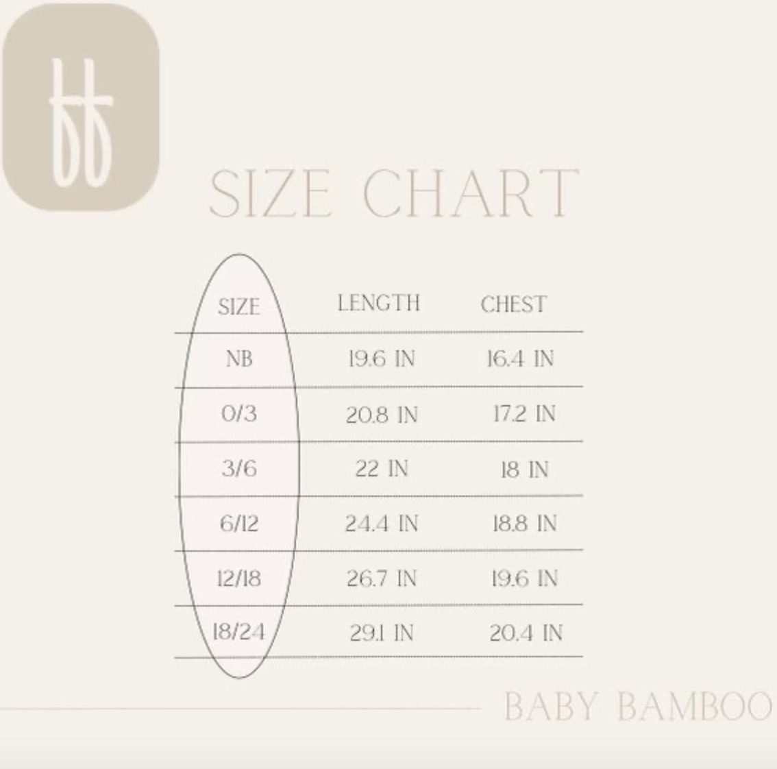 A size chart titled "Bamboo Zip Pajamas | Olive Checkerboard" displaying premium bamboo baby clothing sizes: NB, 0/3, 3/6, 6/12, 12/18, and 18/24 by forever french baby. It lists two measurements for each size: length (in inches) and chest circumference (in inches). The hypo-allergenic clothing chart background is beige with light brown text.