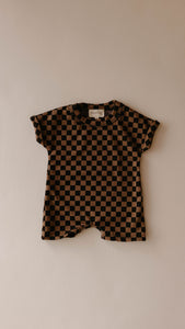 Black & Brown Checkerboard | Short Sleeve Ribbed Romper
