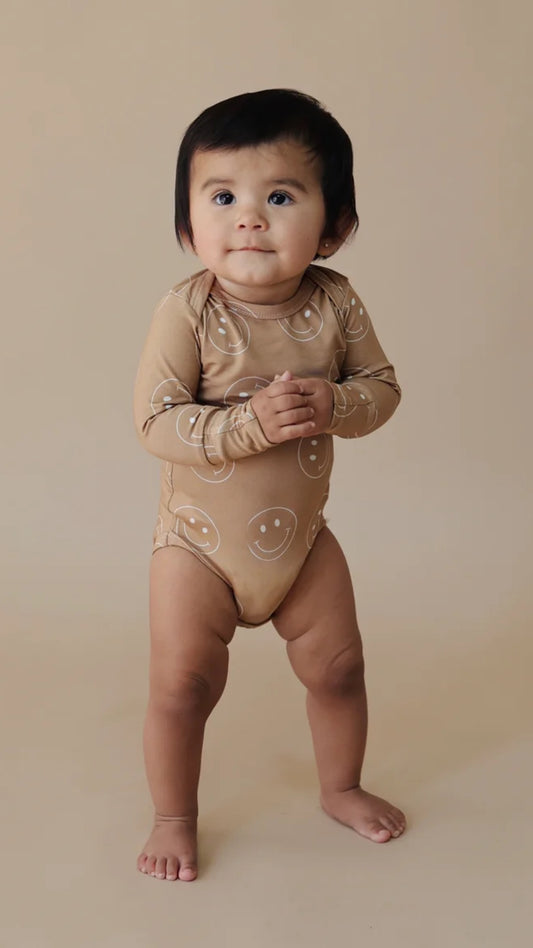 Just Smile Tan | Bamboo Long Sleeve Snapsuit